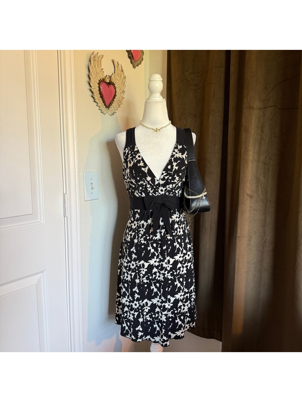 Y2K Body Central Black and White Floral Sleeveless V-Neck Dress with Waist Tie